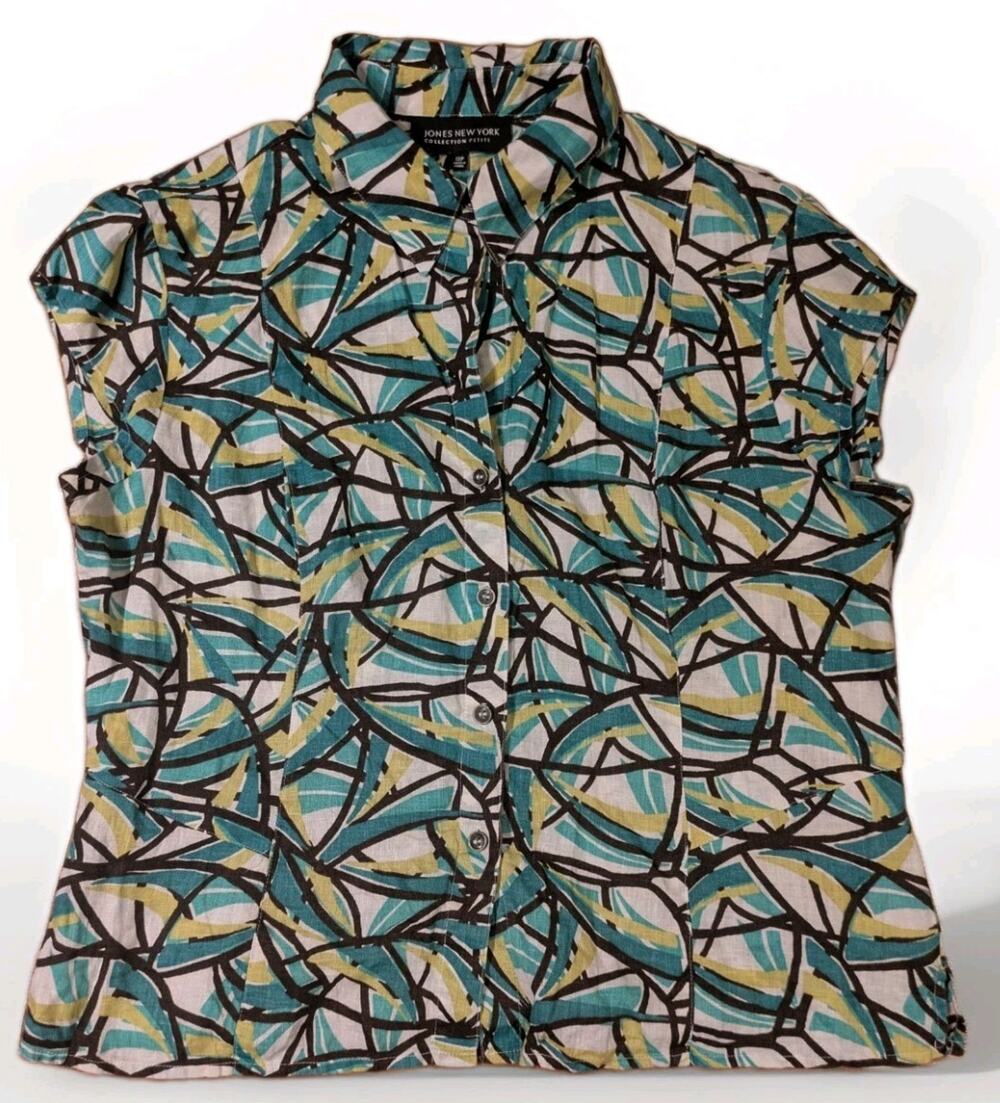 Jones New York Linen Shirt Women 12P Petite Abstract Print Button Front Blouse